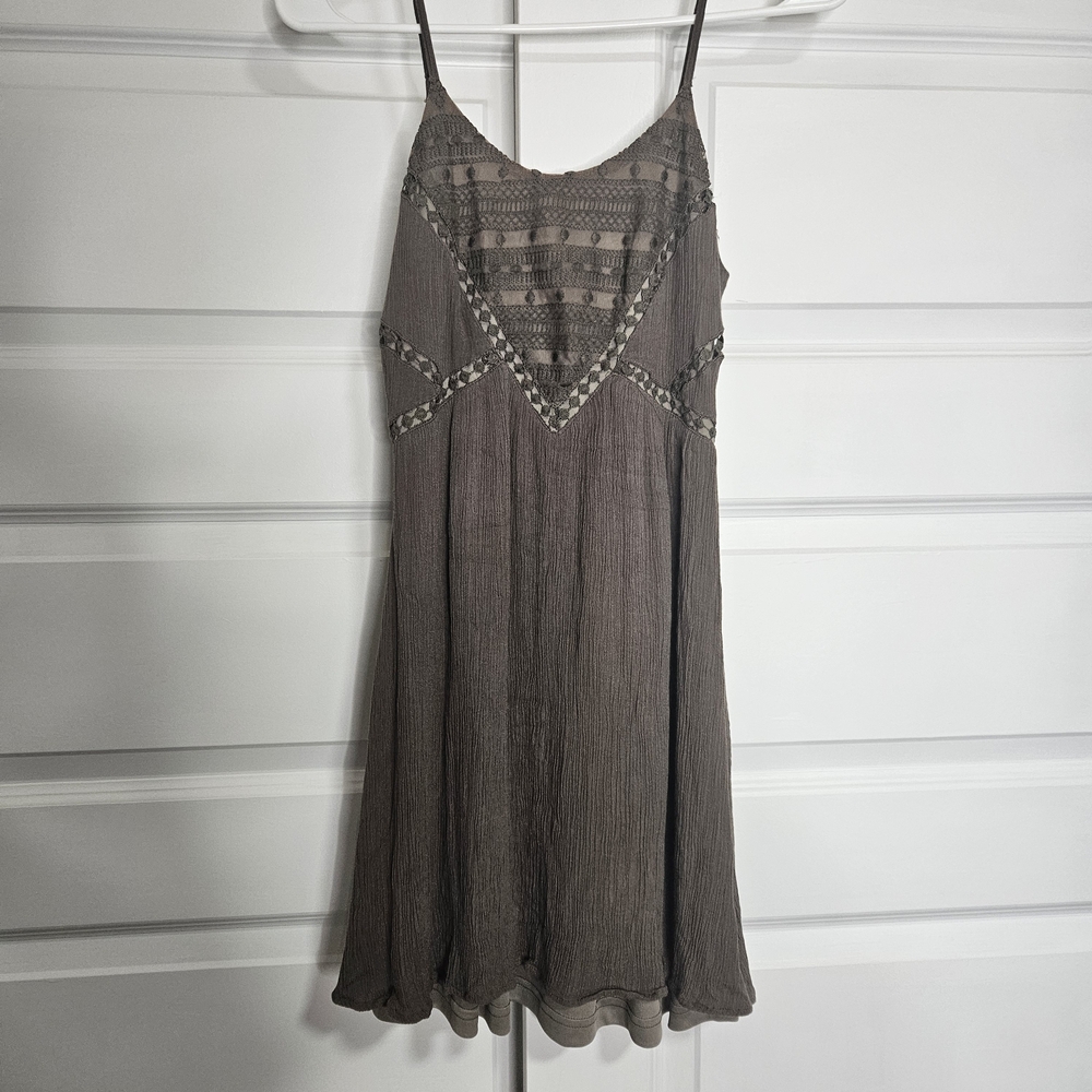 Lulus Boho Crochet Lace V-Neck Mini Dress - XS Grey/Taupe Gauze Fit & Flare